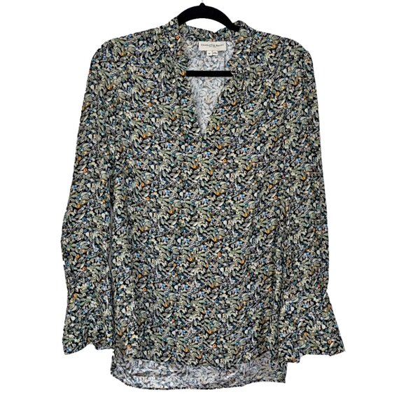 Charlotte Brody 100% Silk Black & Green Botanical Print Tunic Top - Size M - Picture 2 of 6